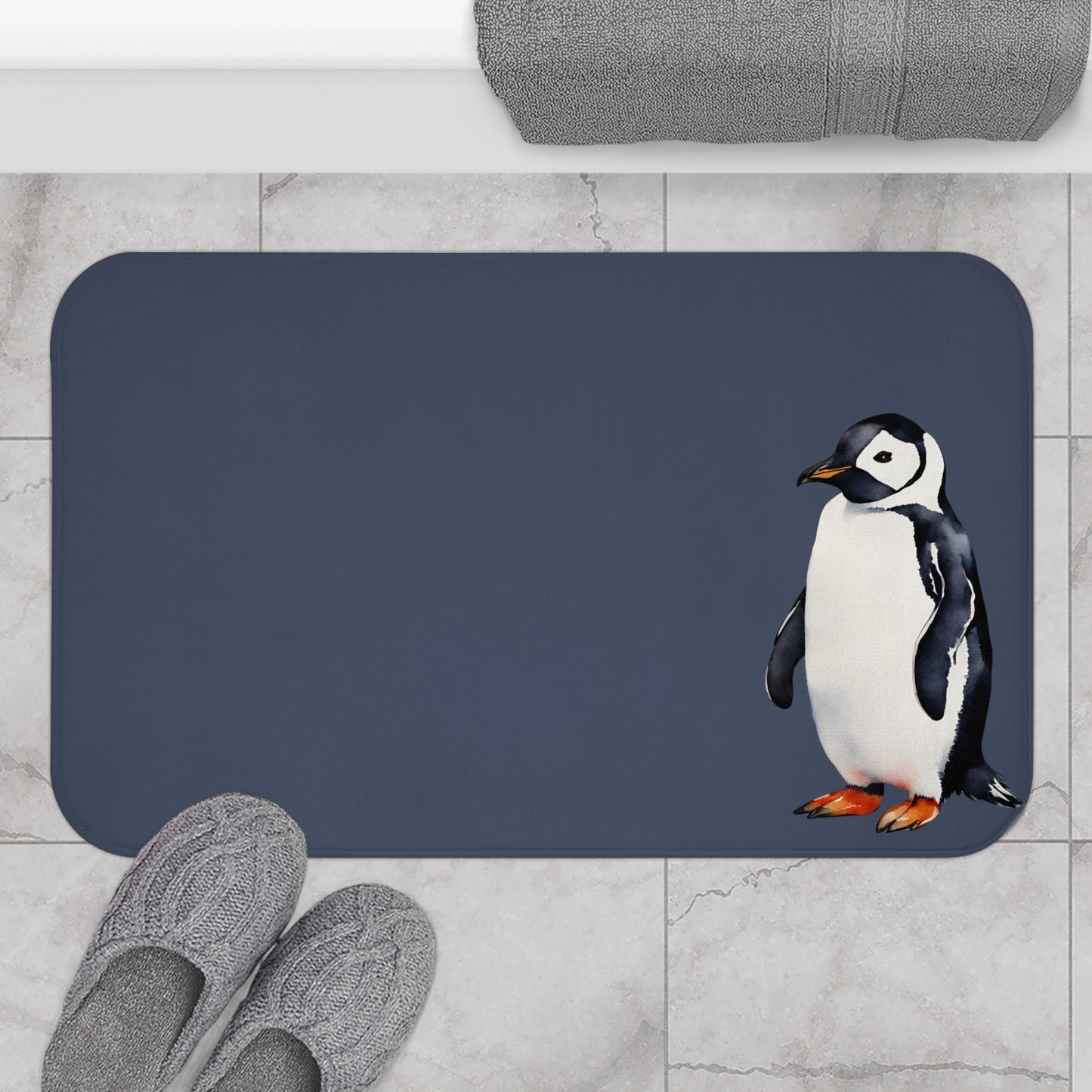 Watercolor Penguin In Deep Sea Bath Mat