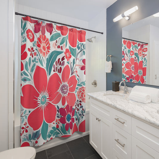 Coral Turquoise And Pink Graphic Floral Shower Curtain