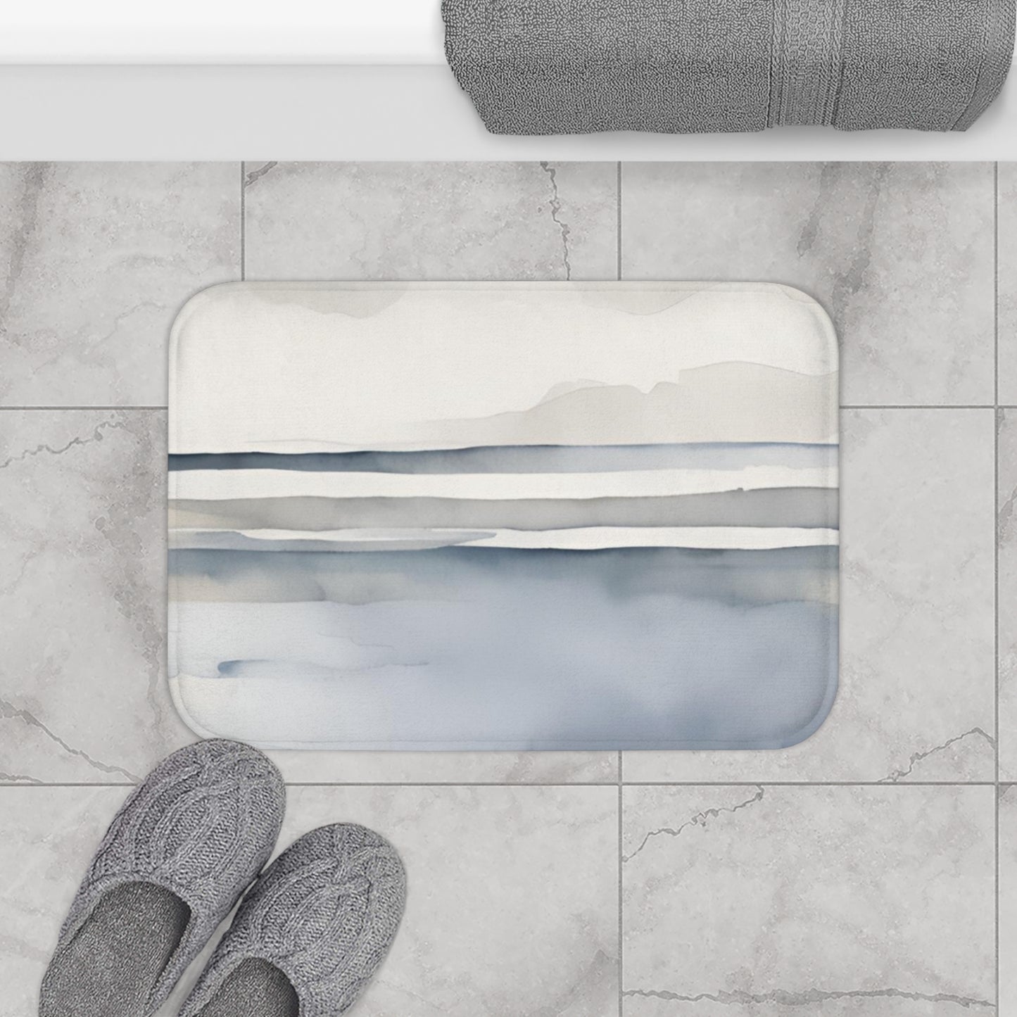 Blue Grey Cream Watercolor Stripes Bath Mat