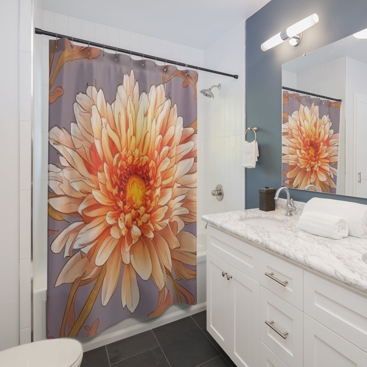 Beautiful Orange And Grey Graphic Flower Shower Curtain