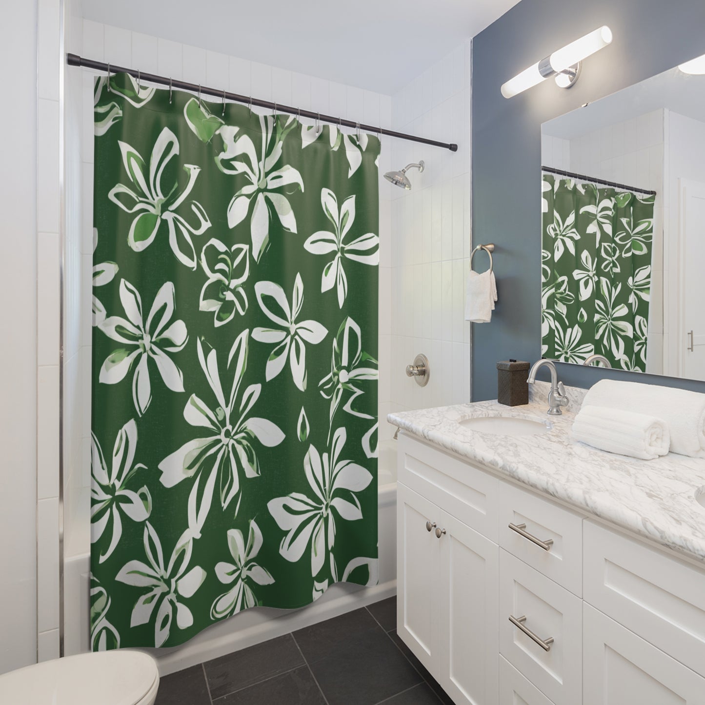 Graphic Green & White Floral Shower Curtain