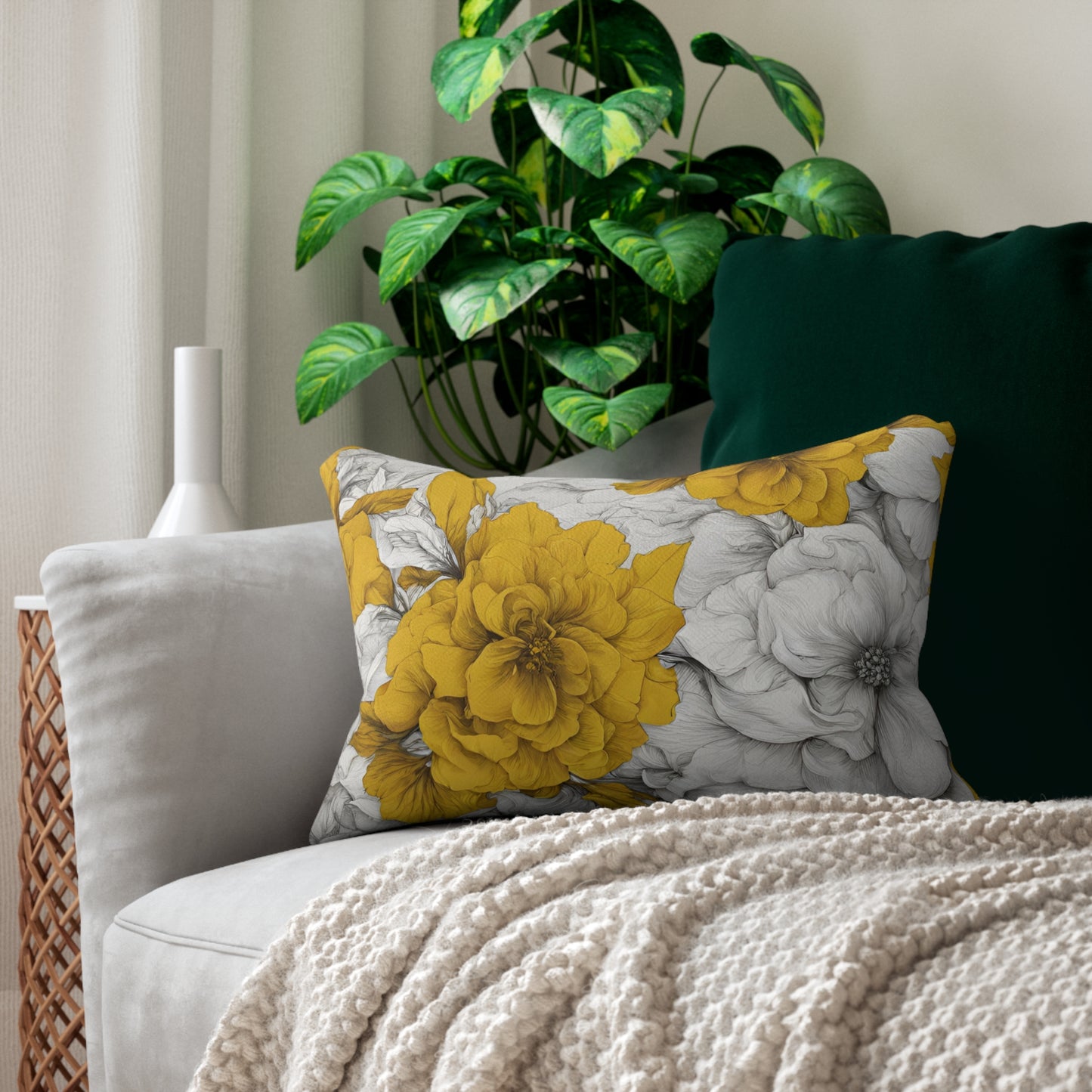 Yellow And white Floral Lumbar Pillow