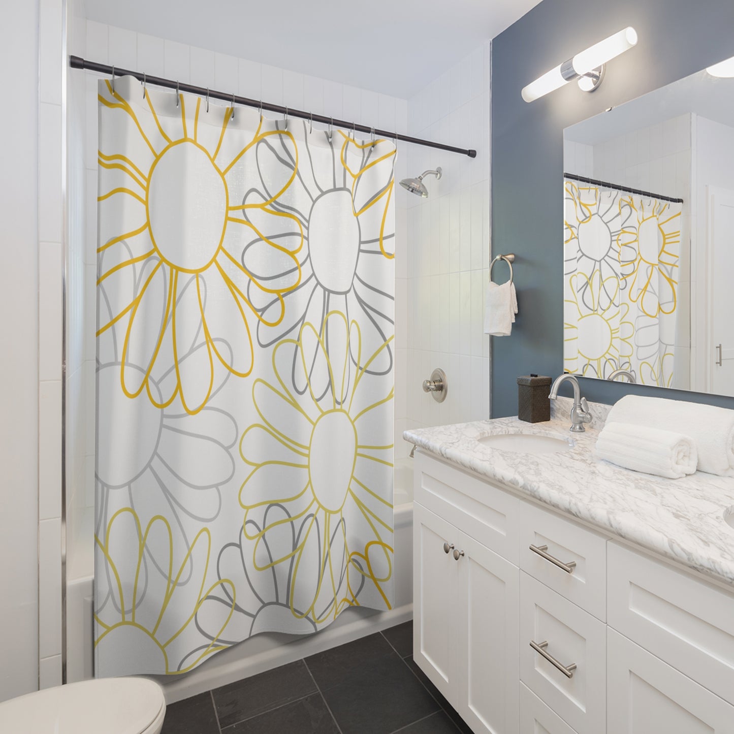 Grey And Yellow Pencil Flower Shower Curtain