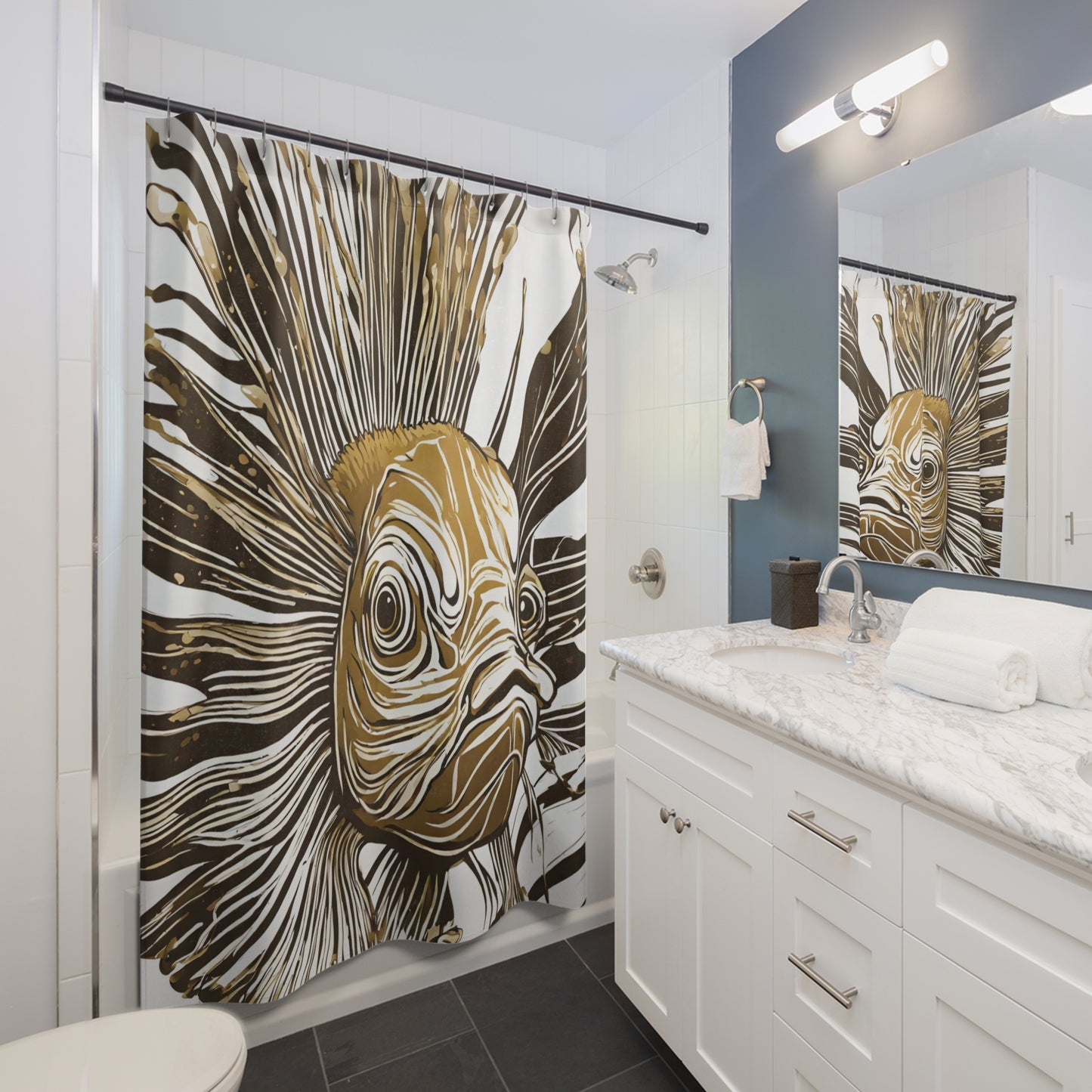 Graphic Gold And White Lionfish Shower Curtain