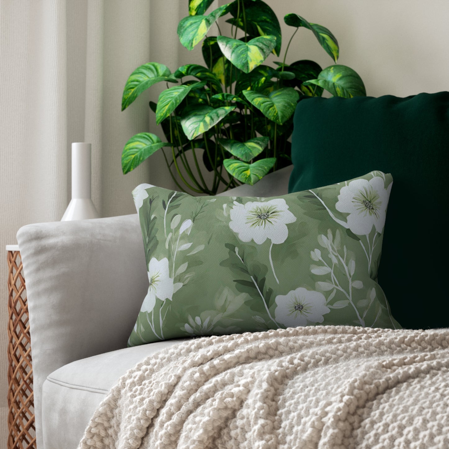 Green And White Floral Lumbar Pillow