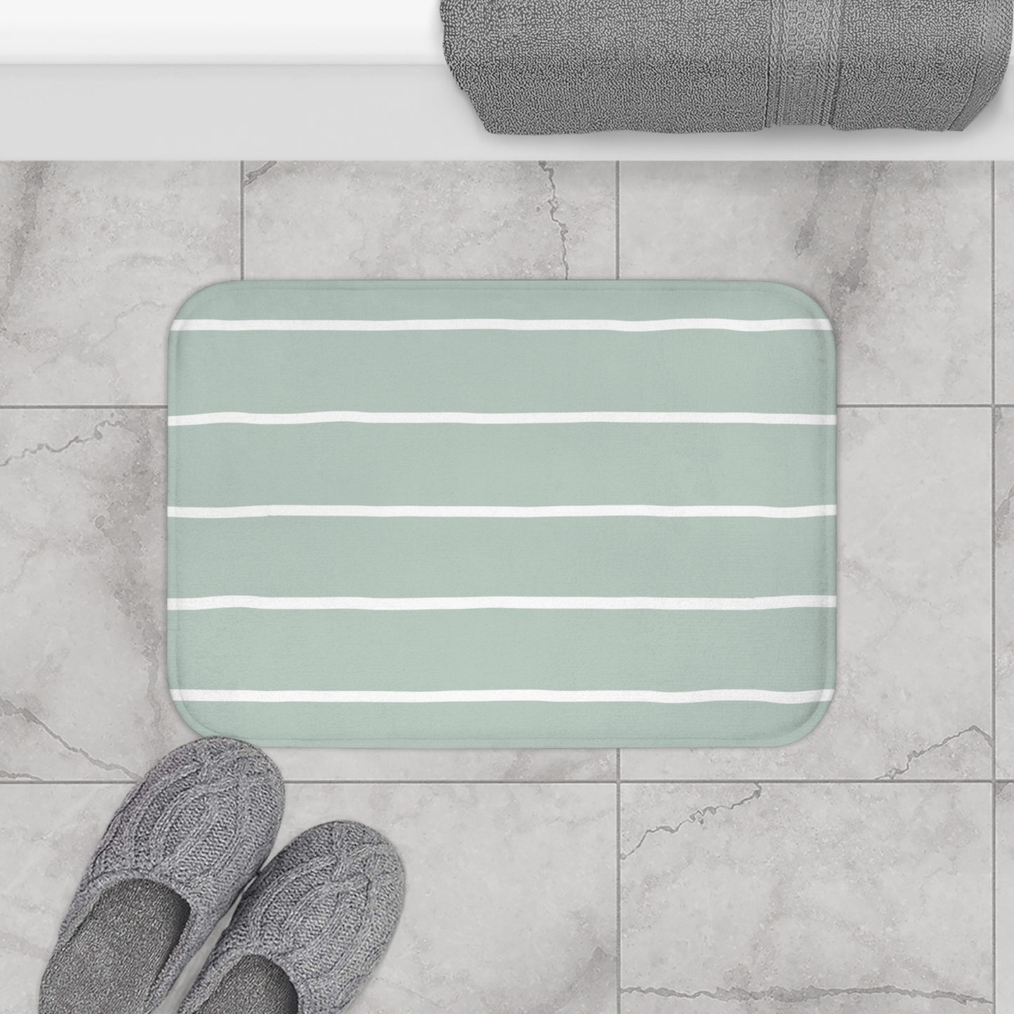 Eucalyptus Green Organic Flow White Stripe Bath Mat