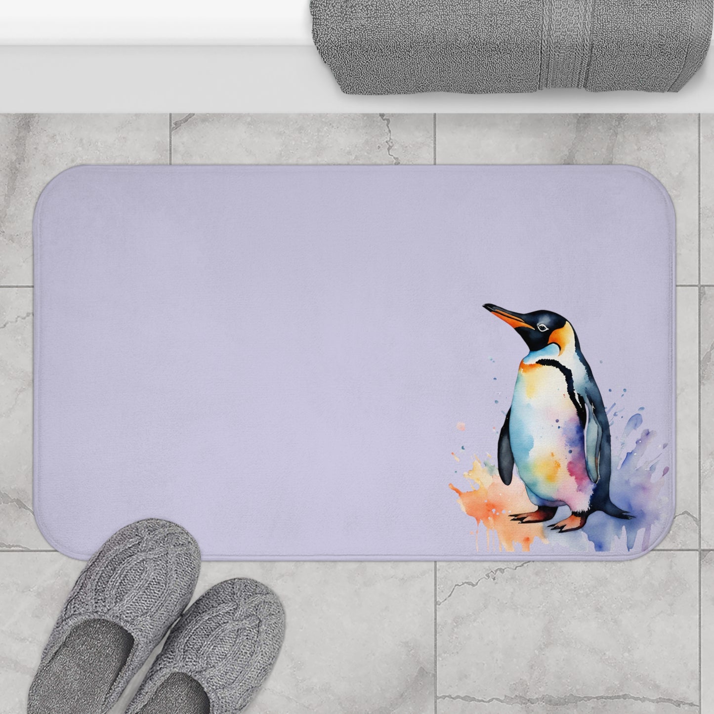 Watercolor Penguin Amethyst Bath Mat