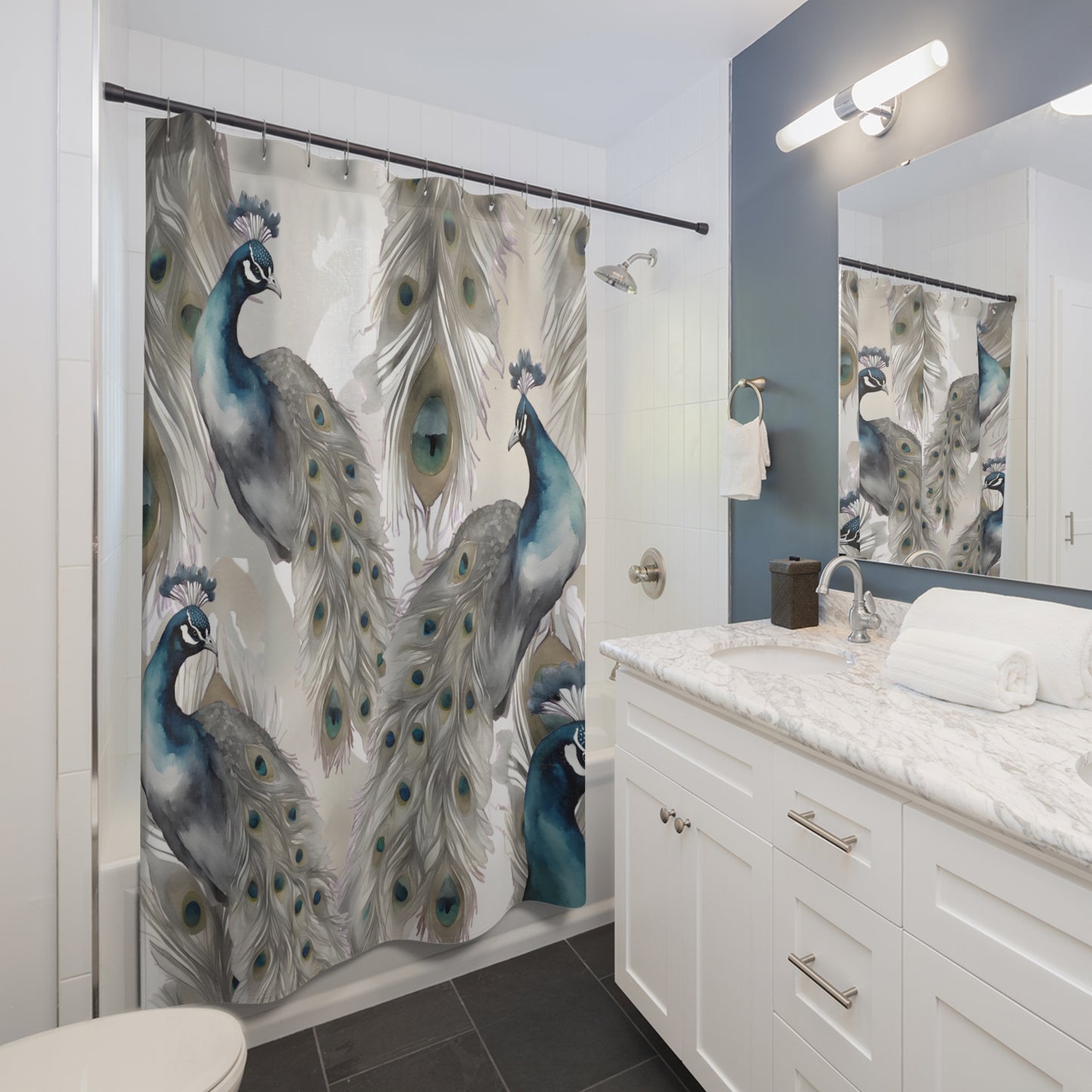 Multi Peacock Grey Blue And Cream Shower Curtain