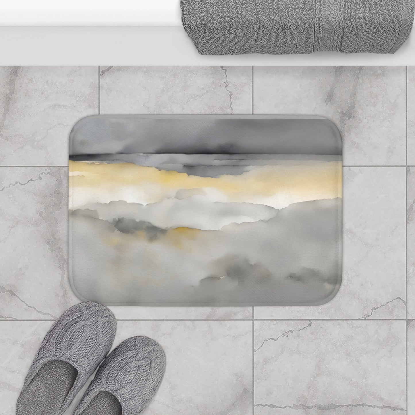 Yellow Grey And White Watercolor Style Bath Mat
