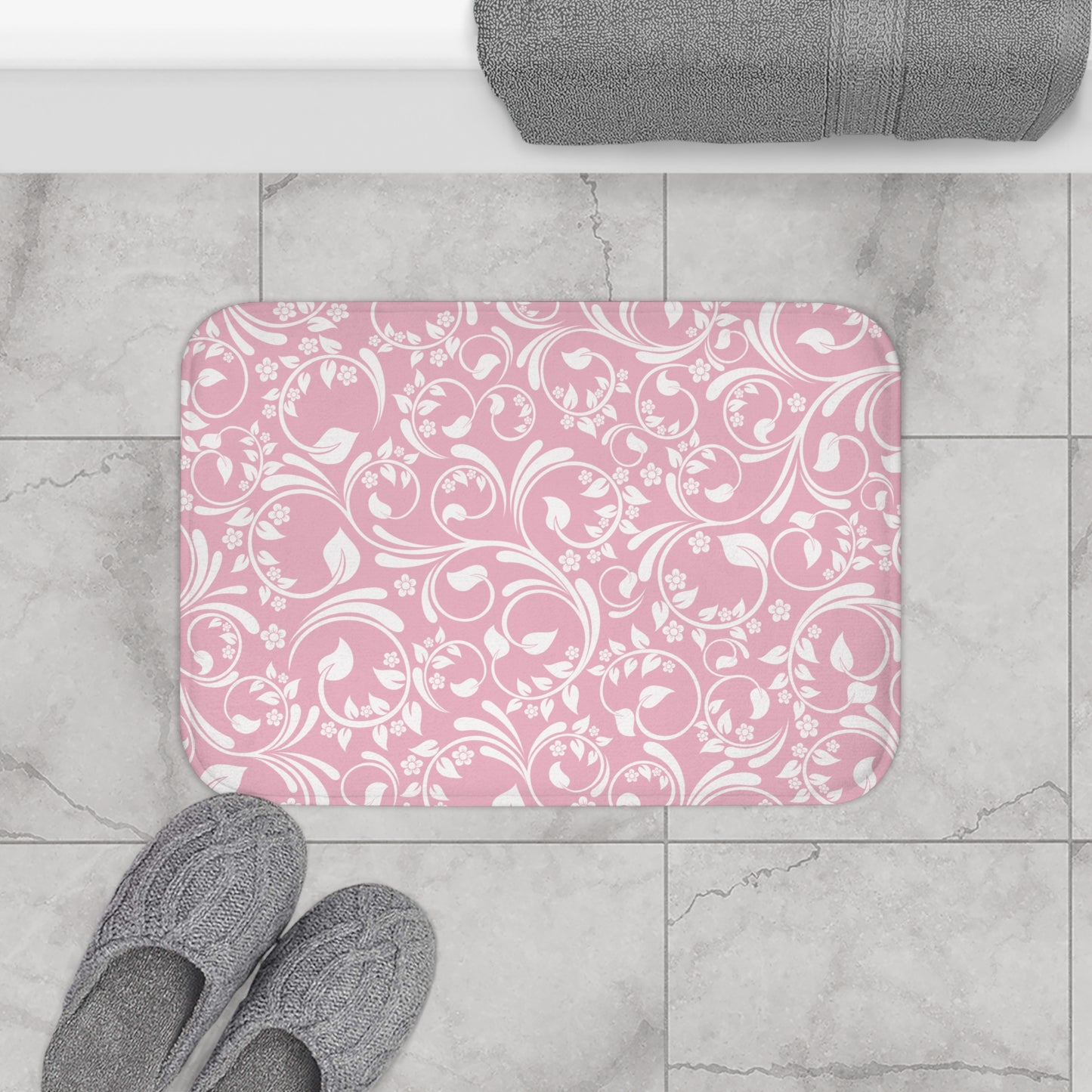 Pink And Light Grey Ornate Vine Floral Bath Mat