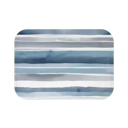 Blue Grey White Watercolor Striped Bath Mat