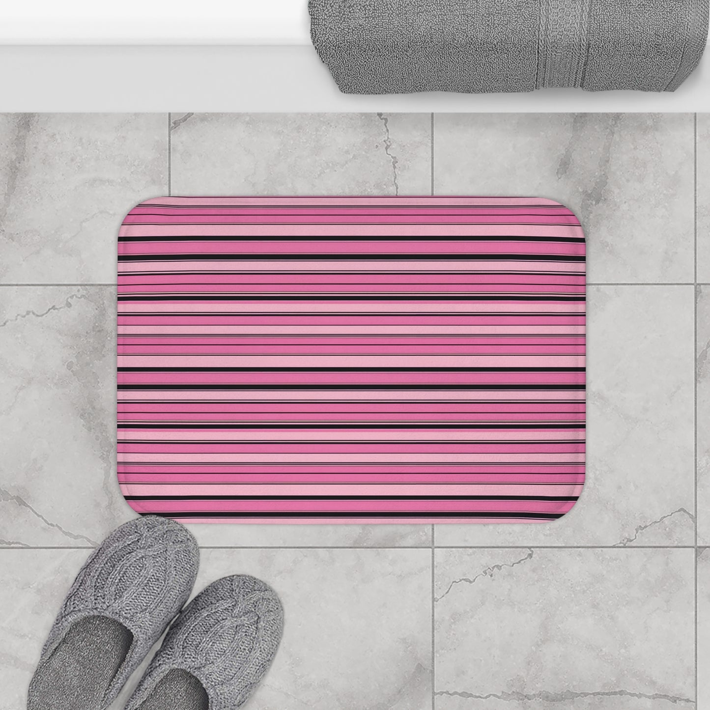 Pink And Black Striped Bath Mat