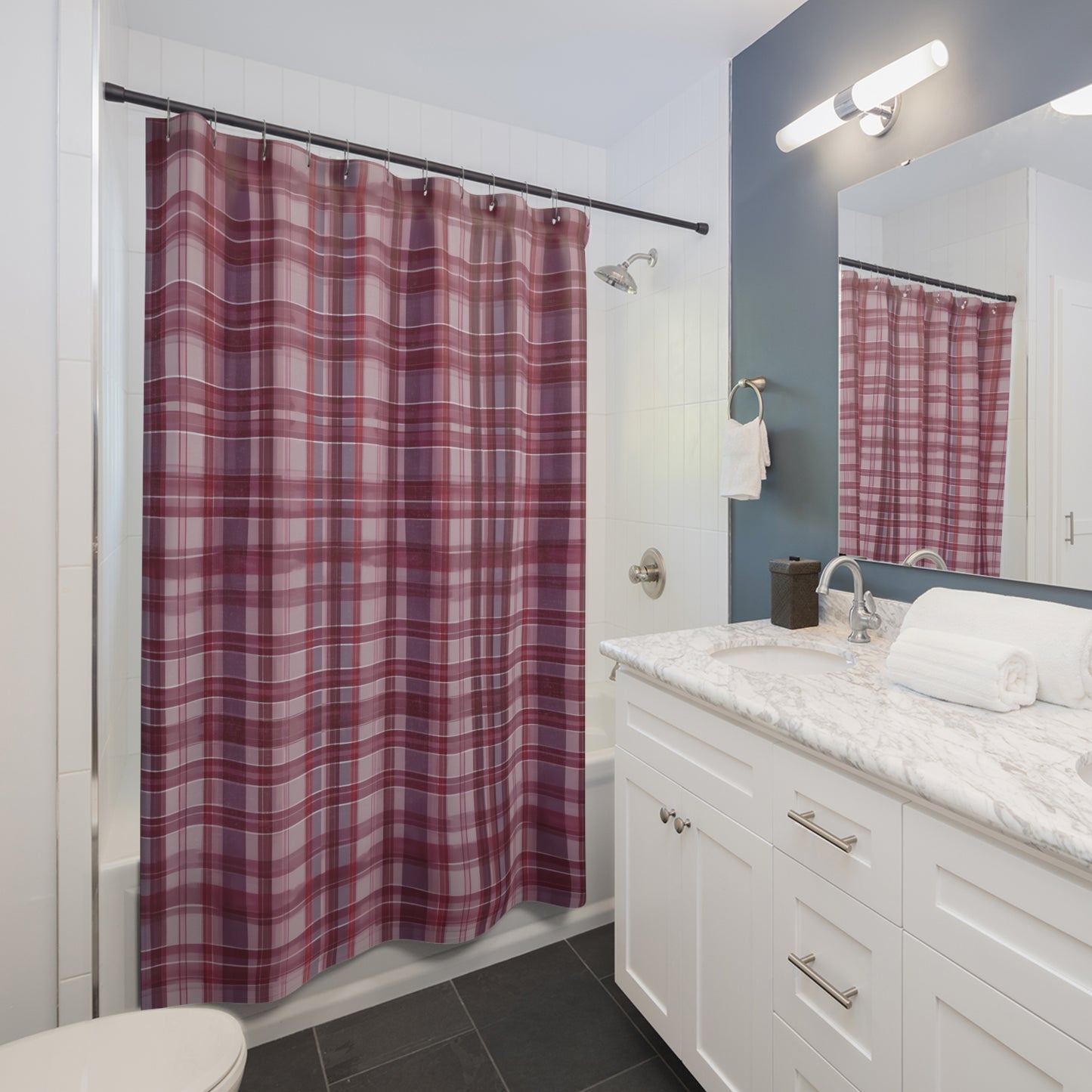 Muted Purple And Red Plaid Shower Curtain