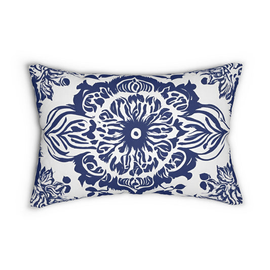 Blue And White Ornate China Lumbar Pillow