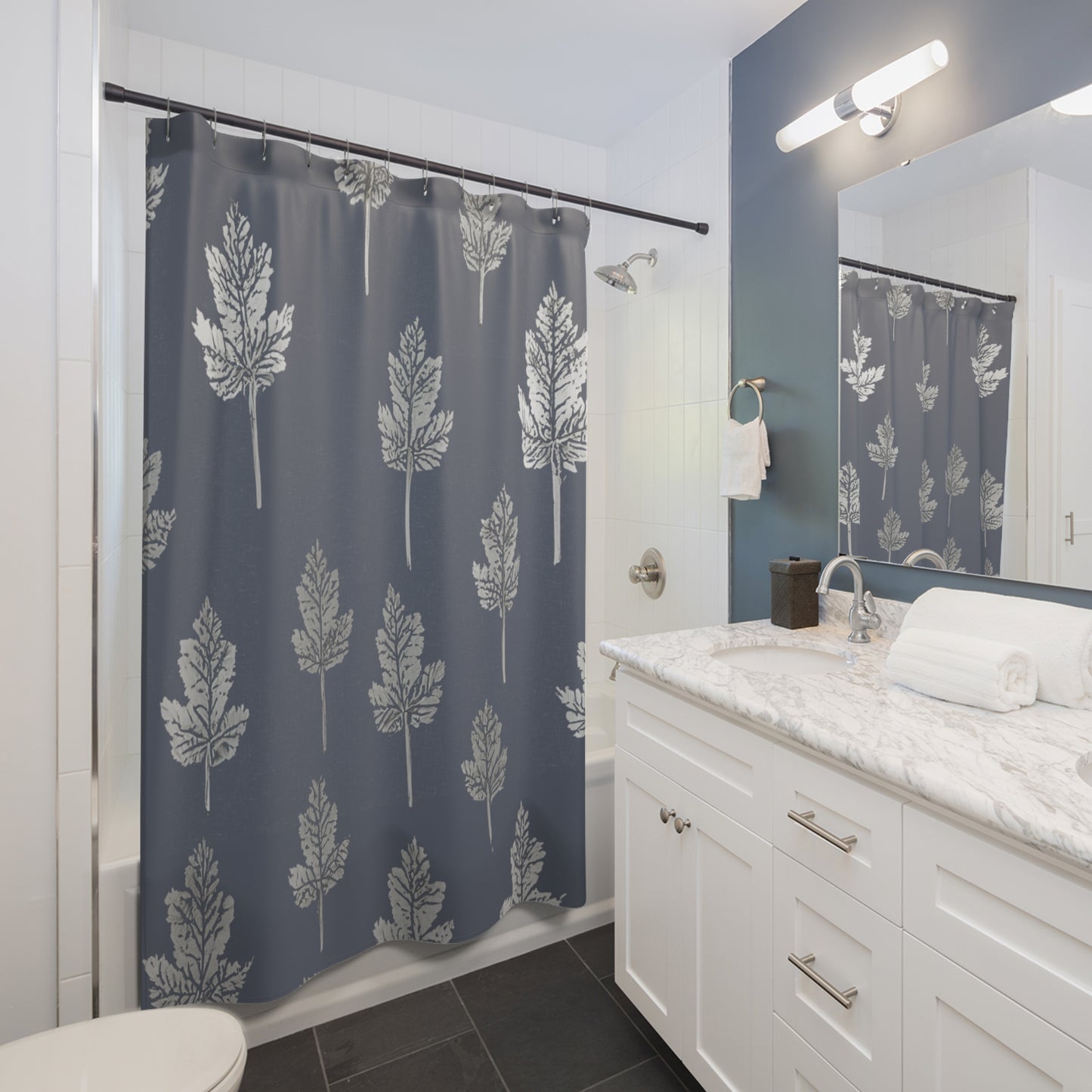 Blue White And Grey Leaf Shower Curtain