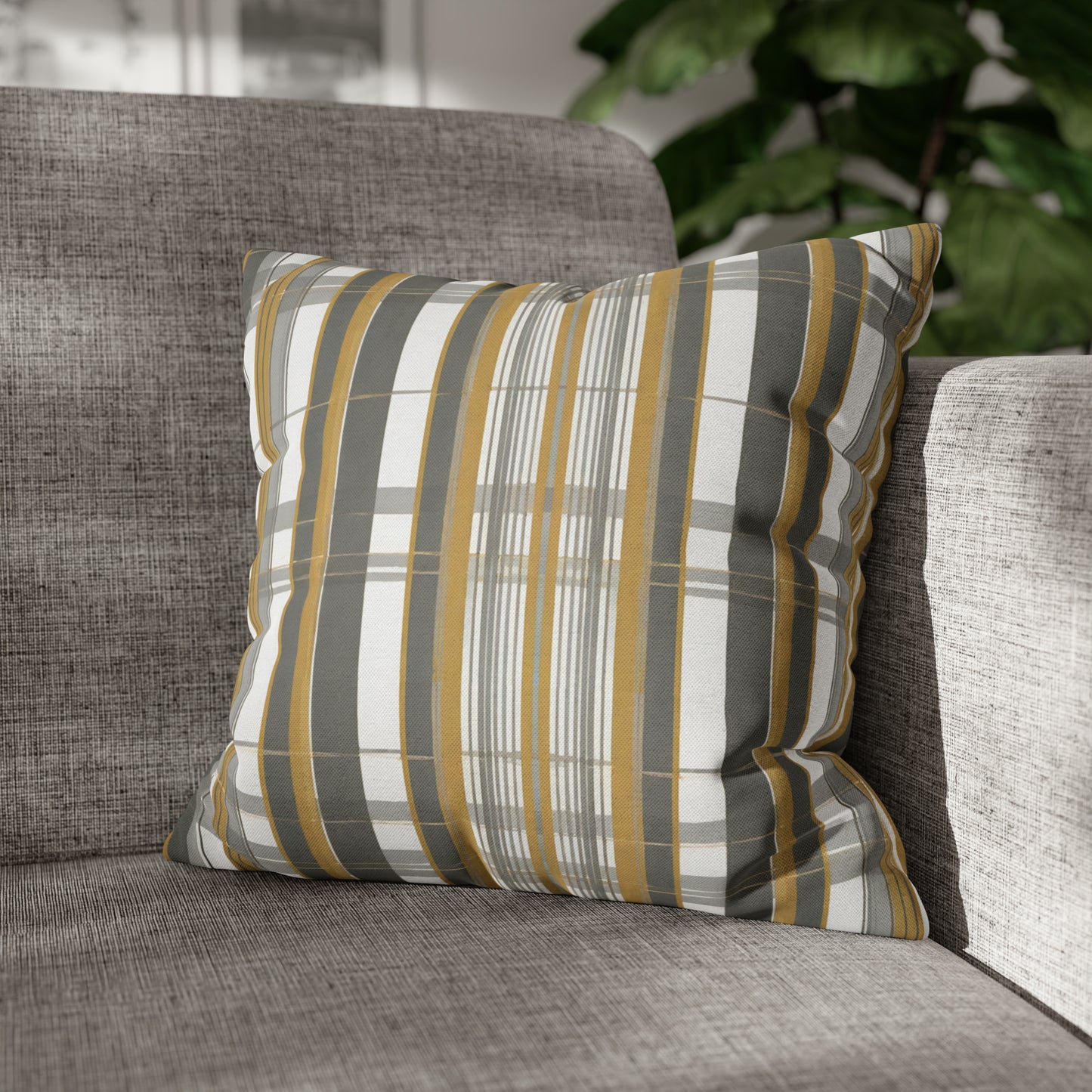 Gold, Grey, And White Plaid Throw Pillow Cover