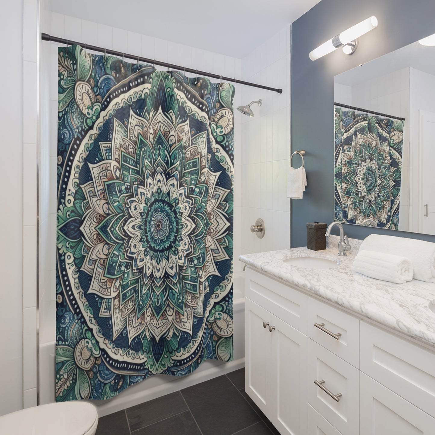 Blue Green Bohemian Flower Shower Curtain