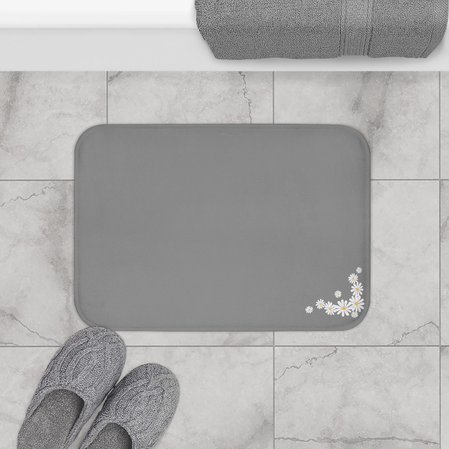 Daisies On Grey Background Bath Mat