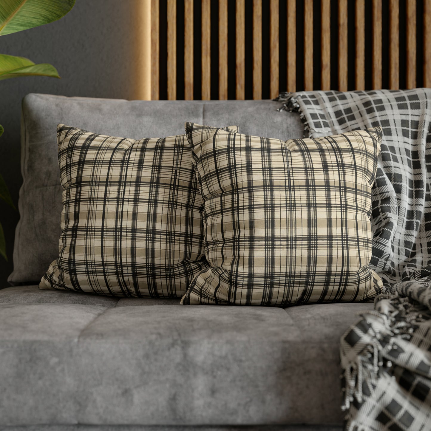 Tan And Black Plaid Throw Pillow Cover