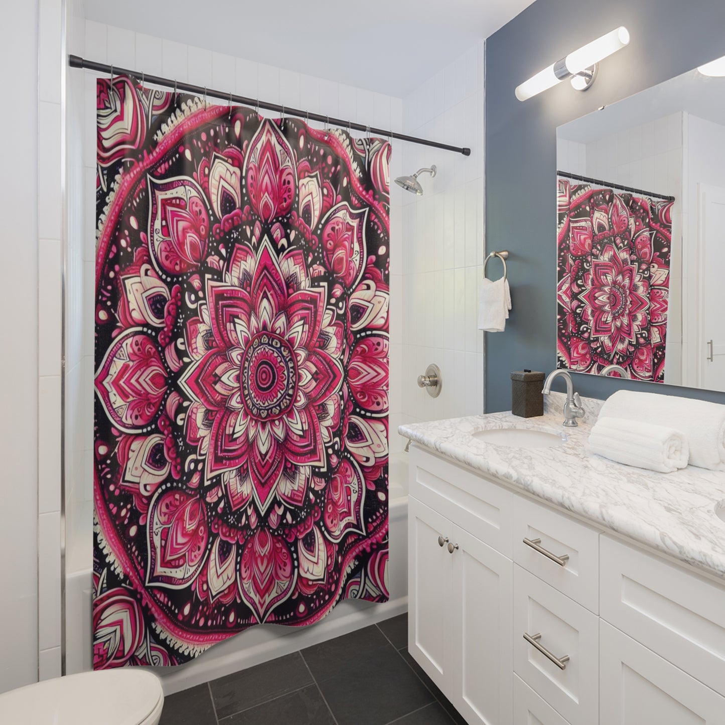 Hot Pink And Black Bohemian Flower Shower Curtain
