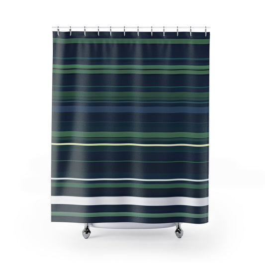 Dark Blue Green White Striped Shower Curtain