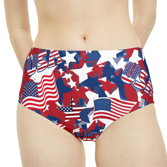 USA Flag And Stars High-Waist Hipster Bikini Bottom