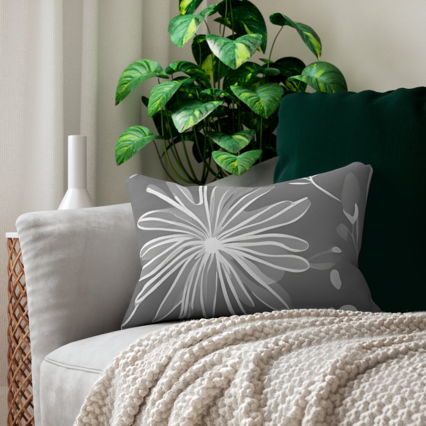 Grey And White Floral Lumbar Pillow