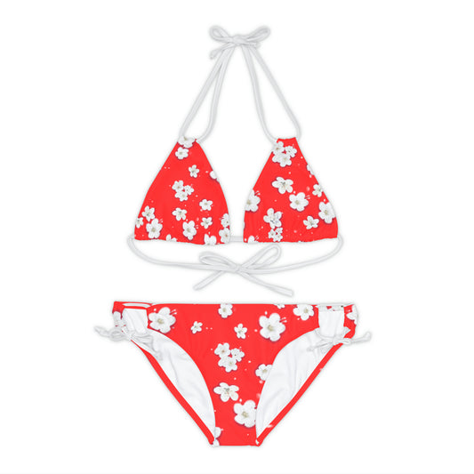 Red With White Flowers Two Piece Bikini Set