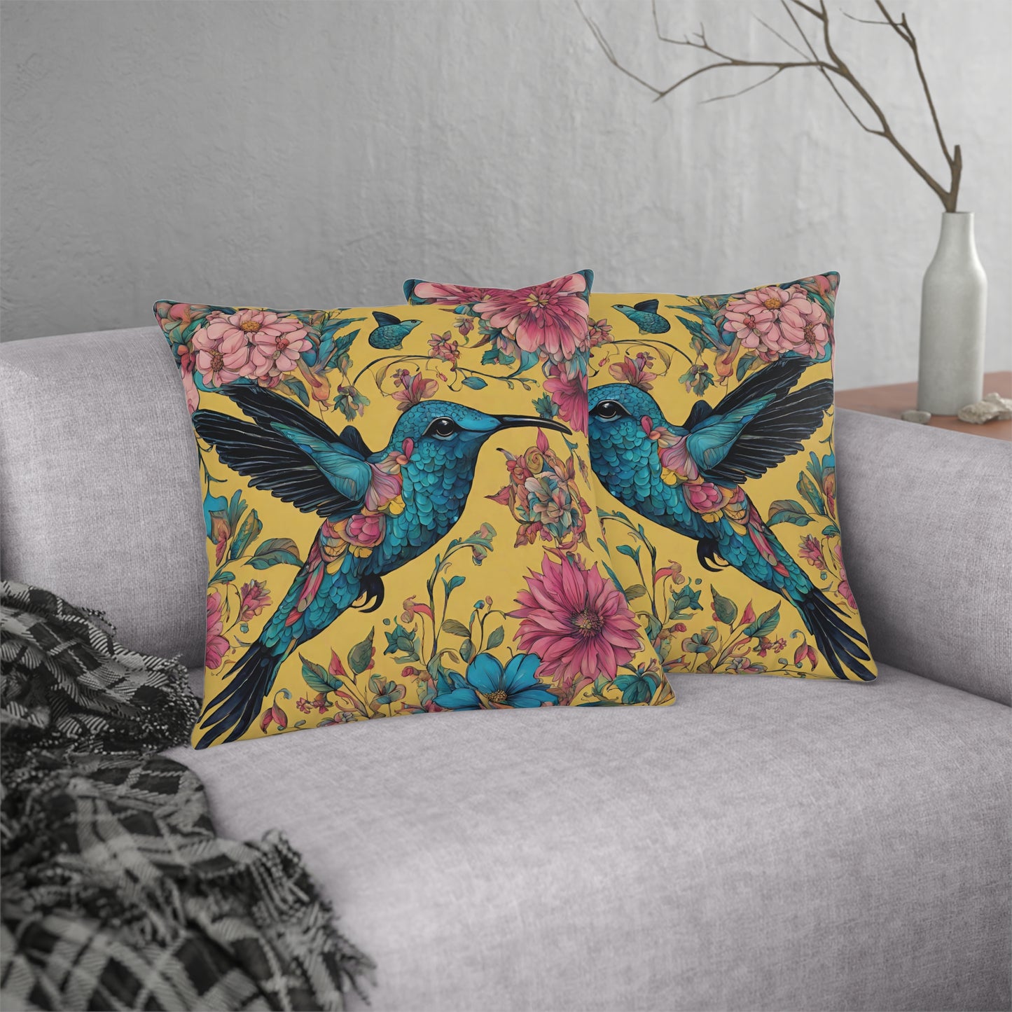 Hummingbird Delight, Yellow, Blue, & Pink Indoor/Outdoor Waterproof Pillow