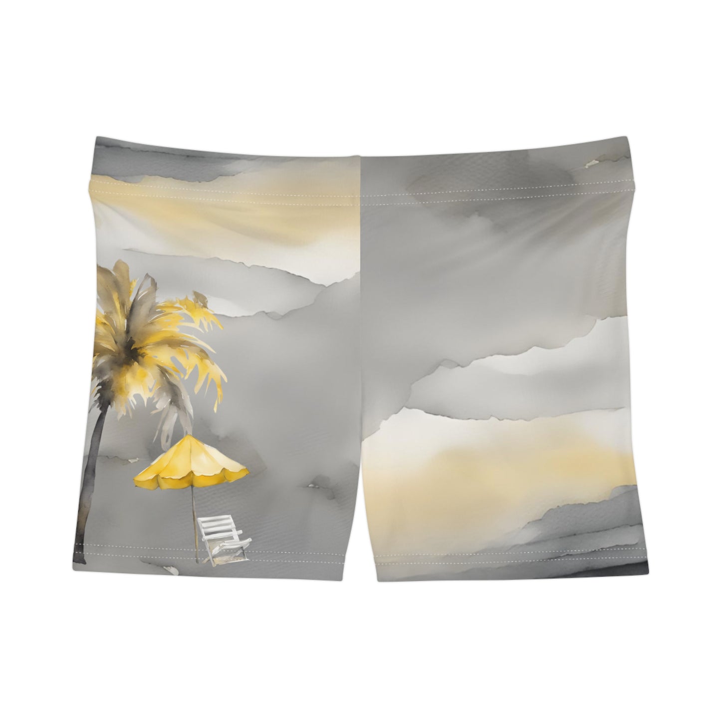 Yellow Umbrella Beach Watercolor Scene Yellow Grey And White Booty Shorts