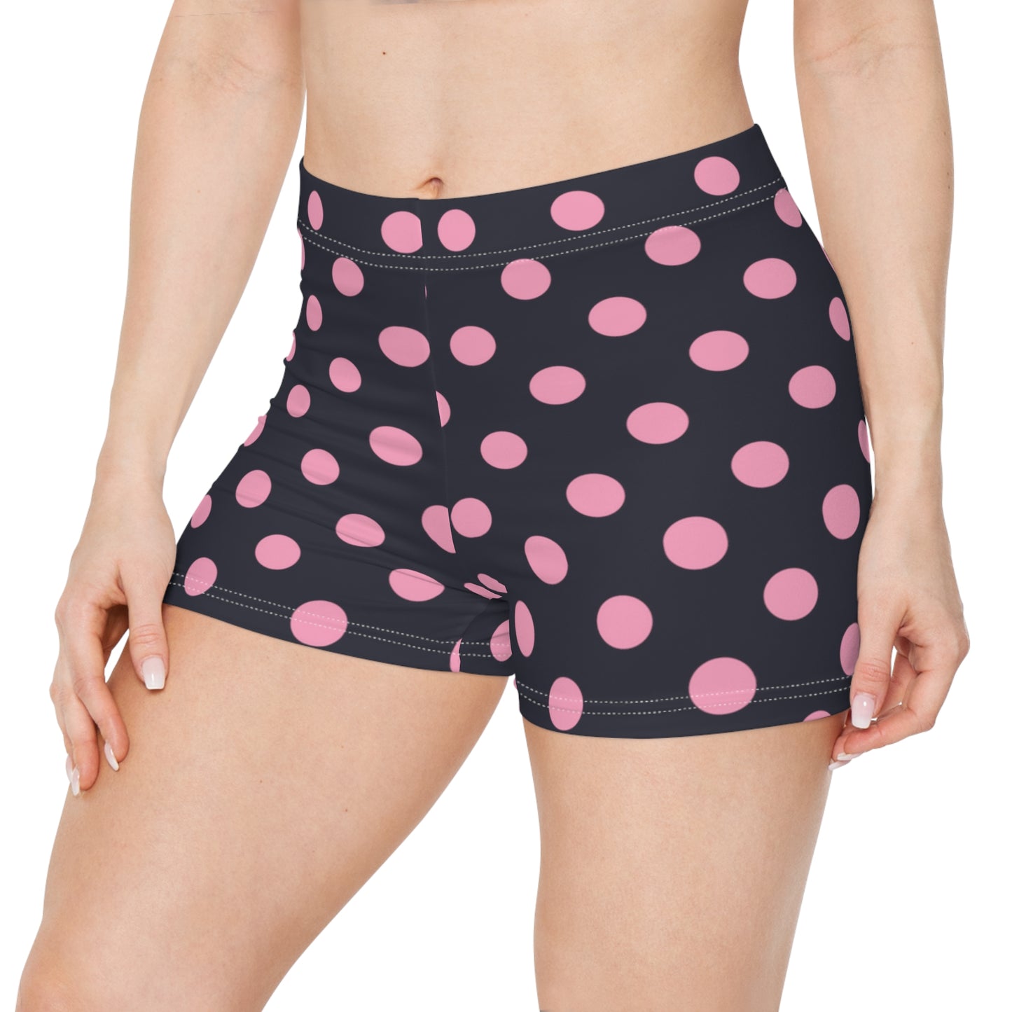 Pink Polka Dots On Dark Blue Cutie Booty Shorts