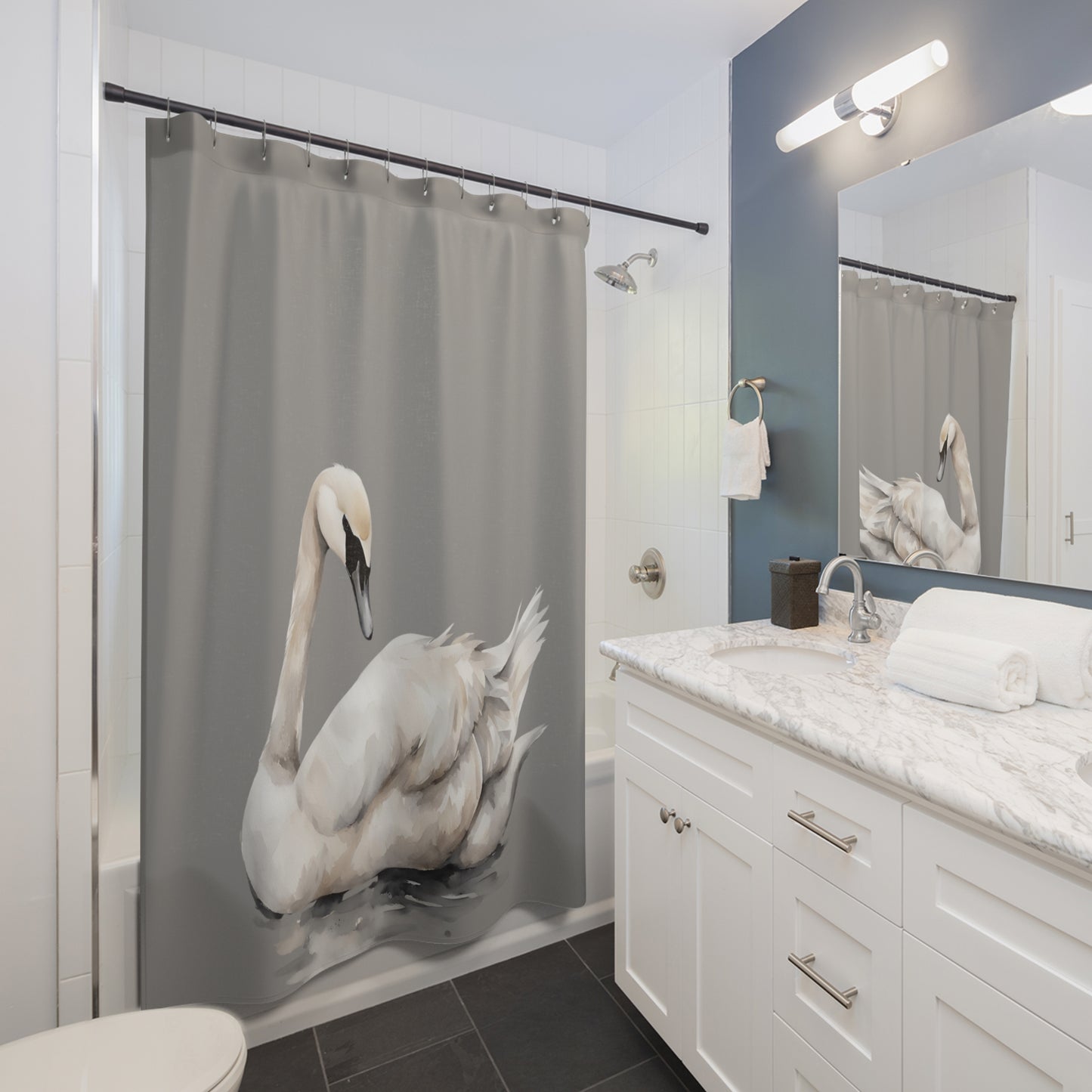 Swimming Swan Grey White And Cream Shower Curtain