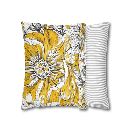 Yellow Grey And White Graphic Floral Throw Pillow Cover
