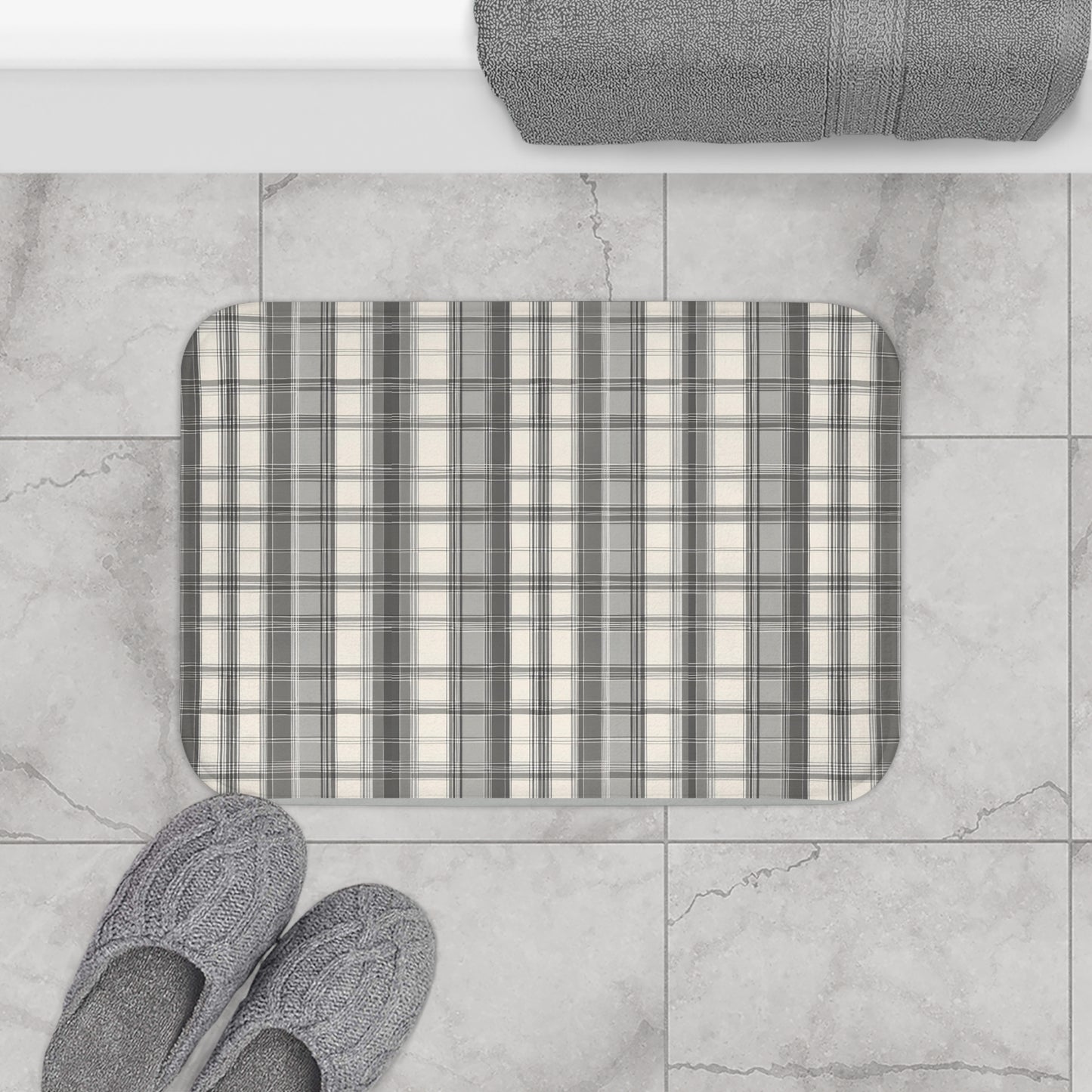 Cream White And Grey Plaid Bath Mat