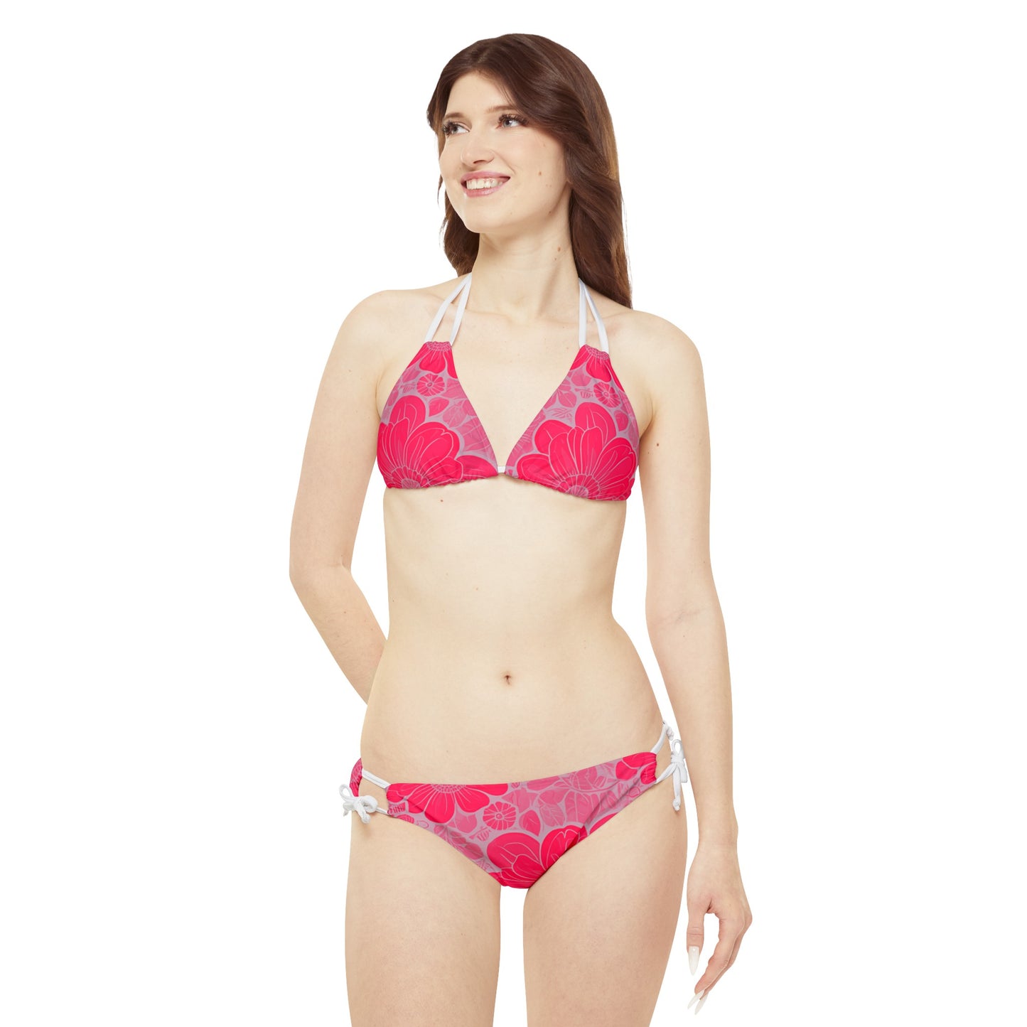 Pink And Grey Floral Two Piece Bikini Set