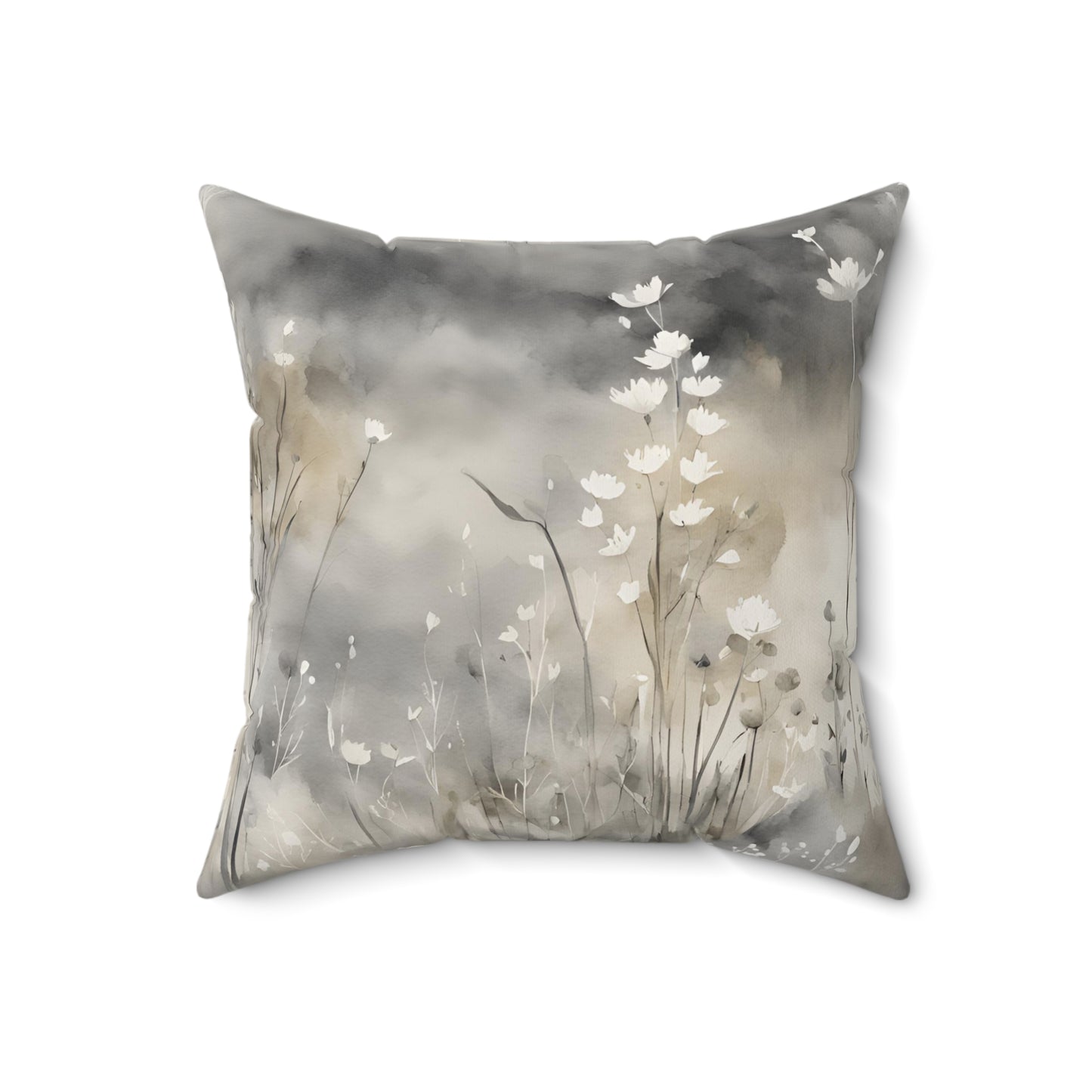 Grey Cream And White Wildflower Field Decorative Throw Pillow