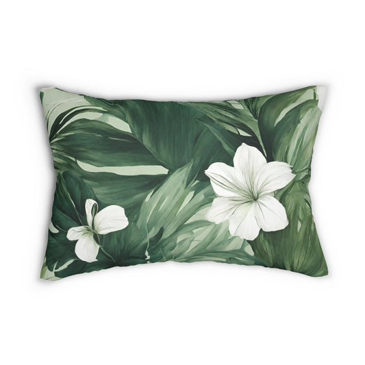Green And White Tropical Floral Lumbar Pillow