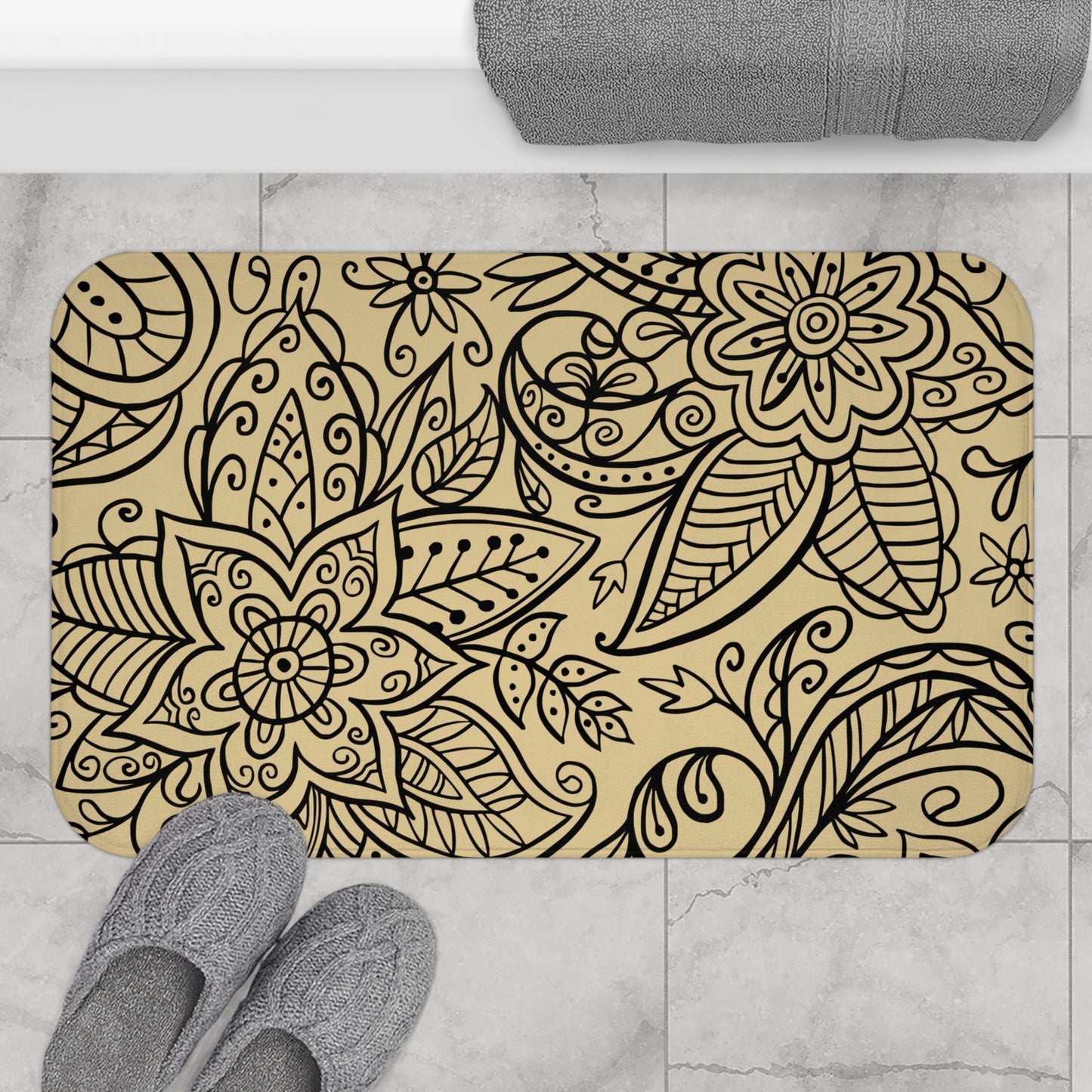 Gold And Black Graphic Floral Bath Mat