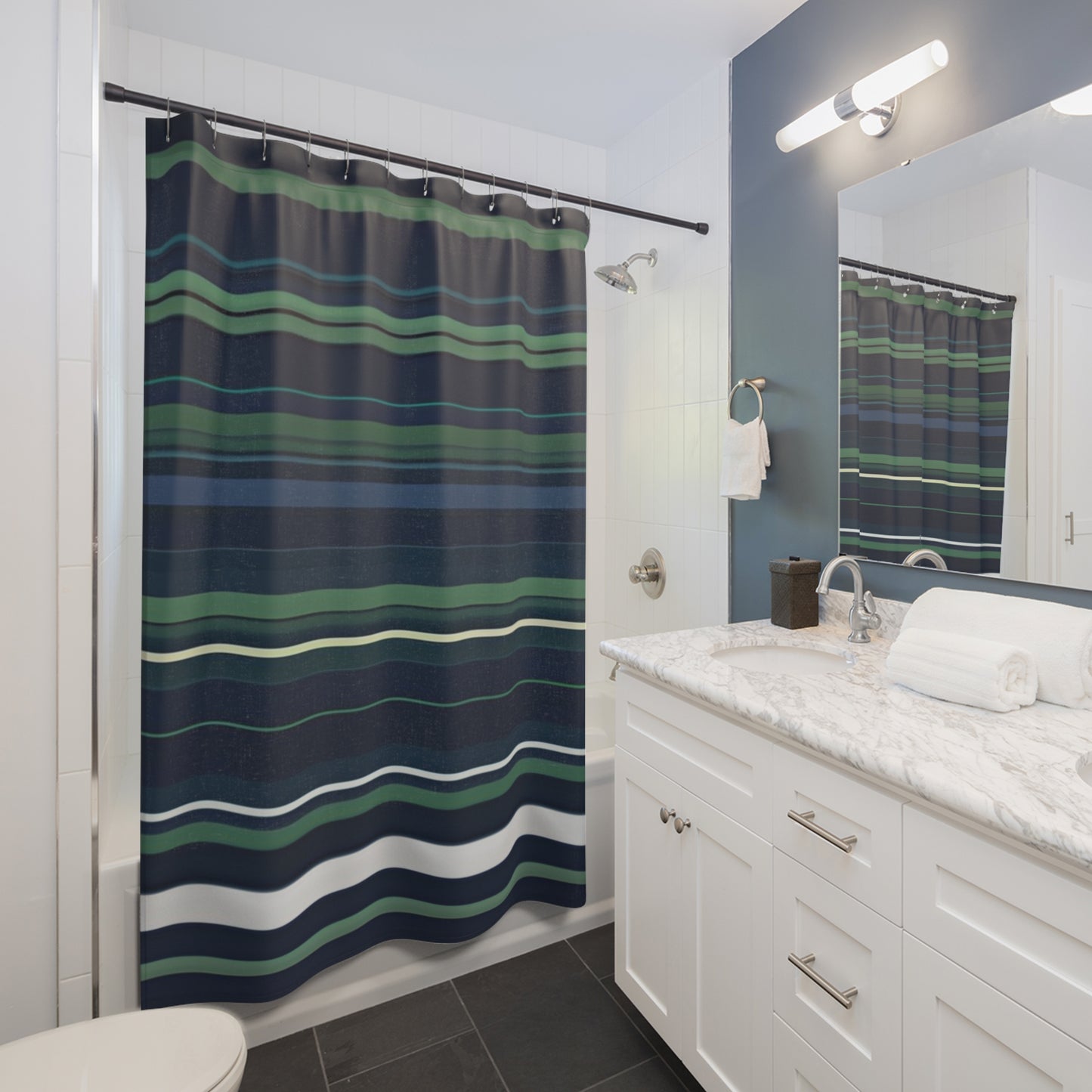 Dark Blue Green White Striped Shower Curtain