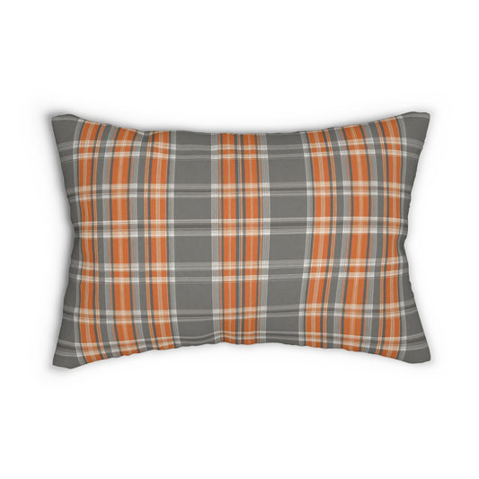 Orange And Grey Plaid Lumbar Pillow