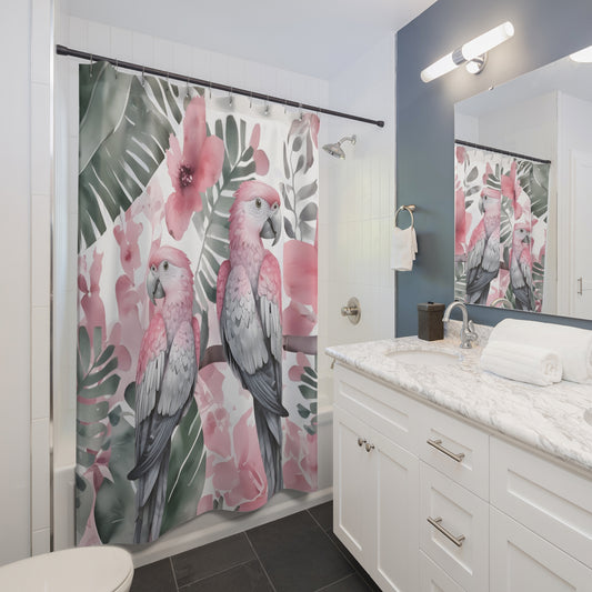 Muted Tones Of Pink Grey And Green Tropical Parrot Shower Curtain