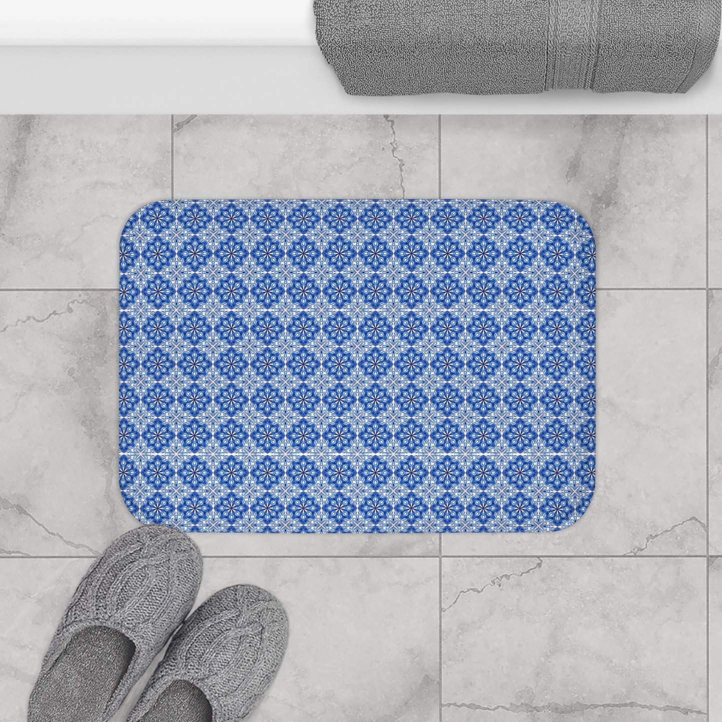 Blue And White Moroccan Style Bath Mat
