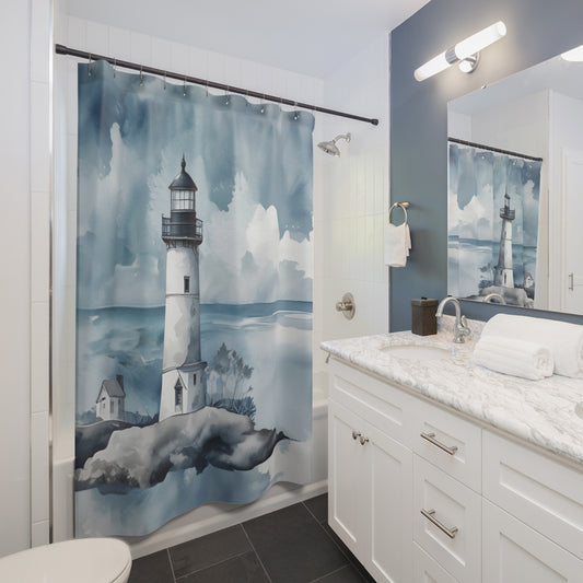 Blue White And Grey Lighthouse Shower Curtain