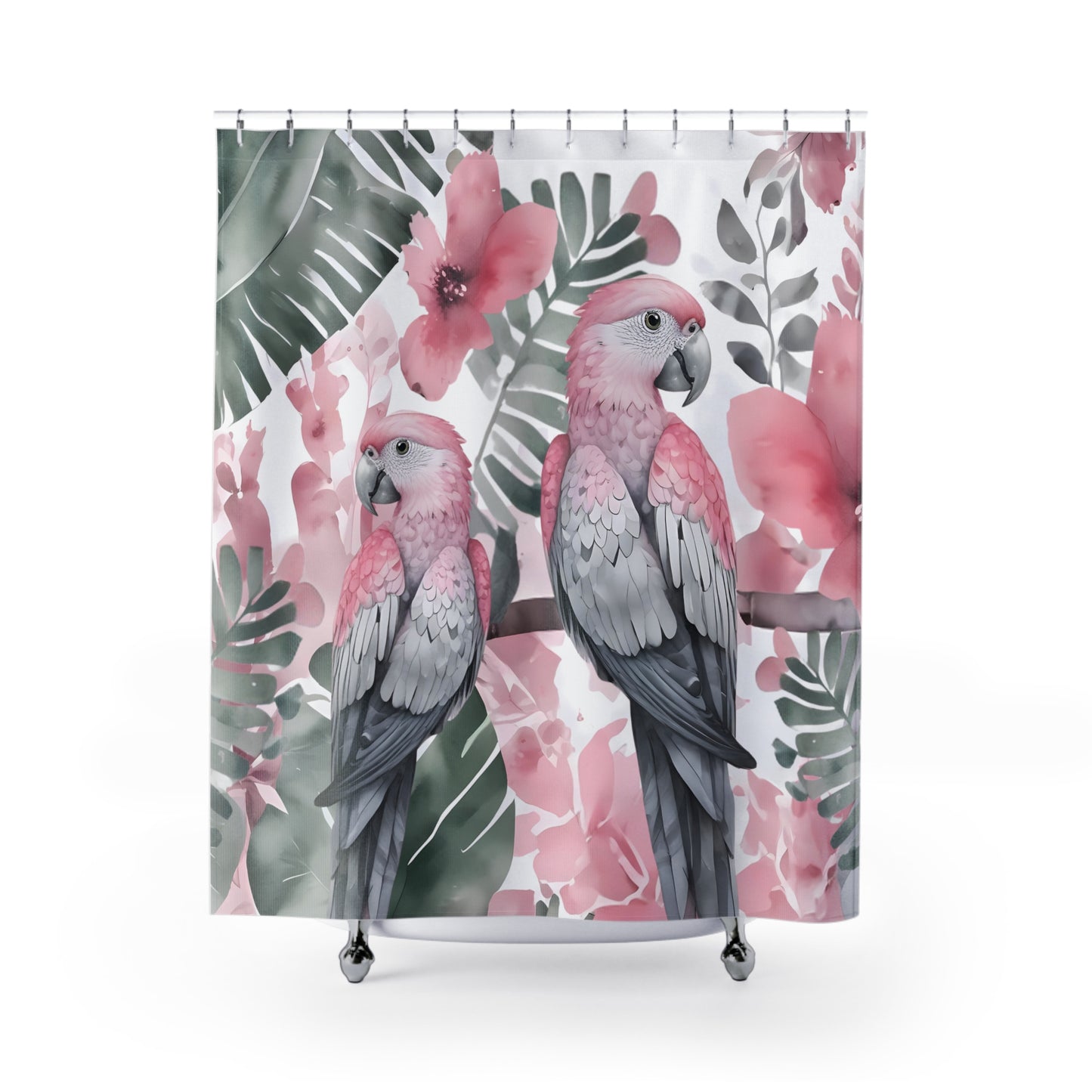 Muted Tones Of Pink Grey And Green Tropical Parrot Shower Curtain