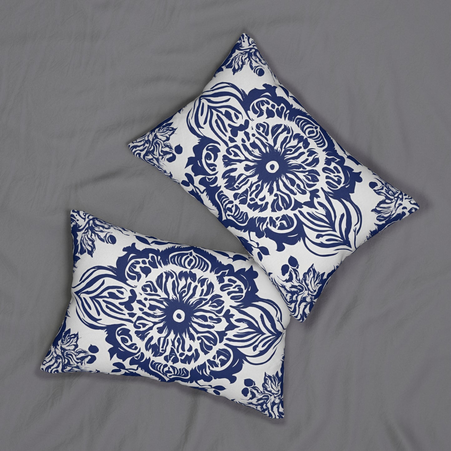 Blue And White Ornate China Lumbar Pillow