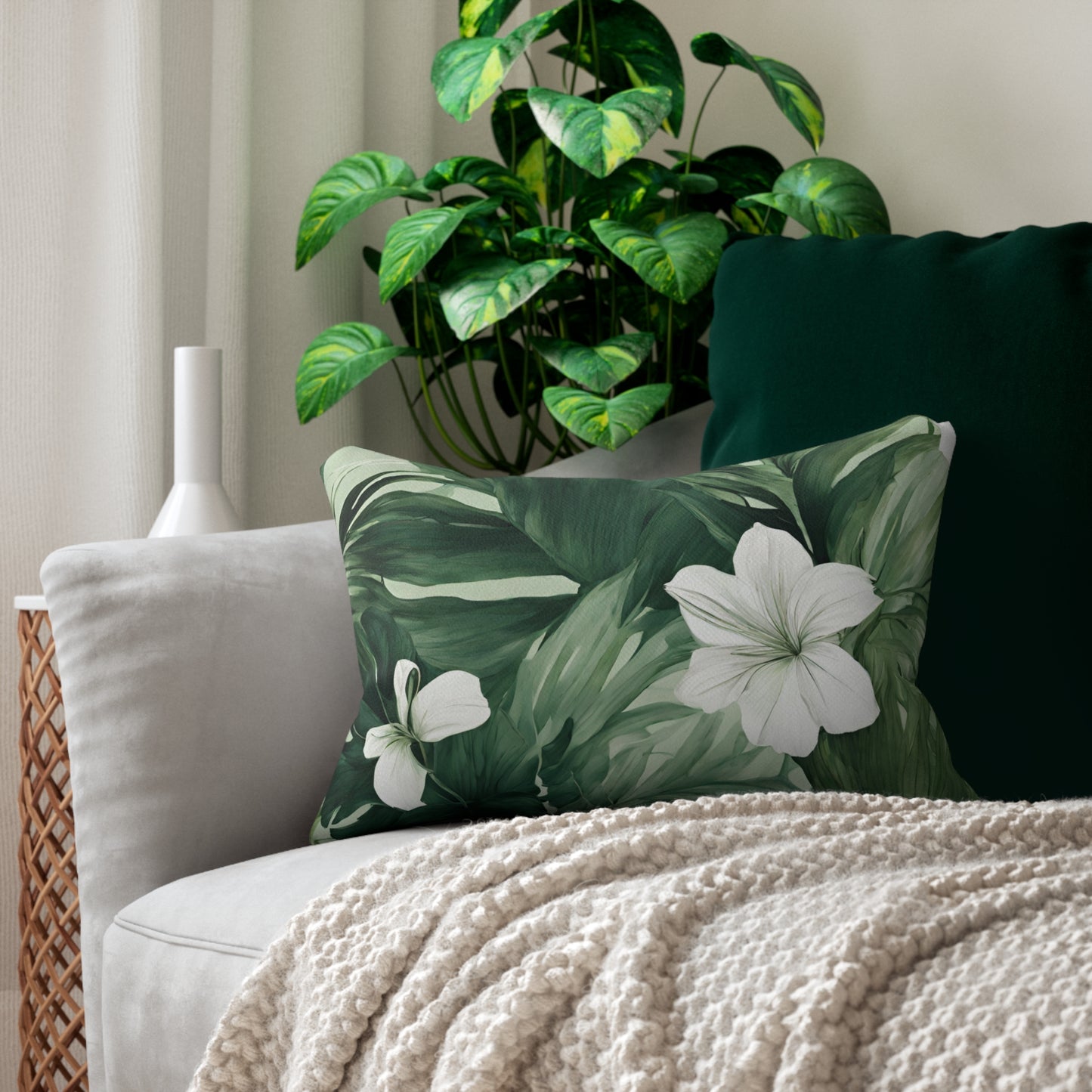 Green And White Tropical Floral Lumbar Pillow