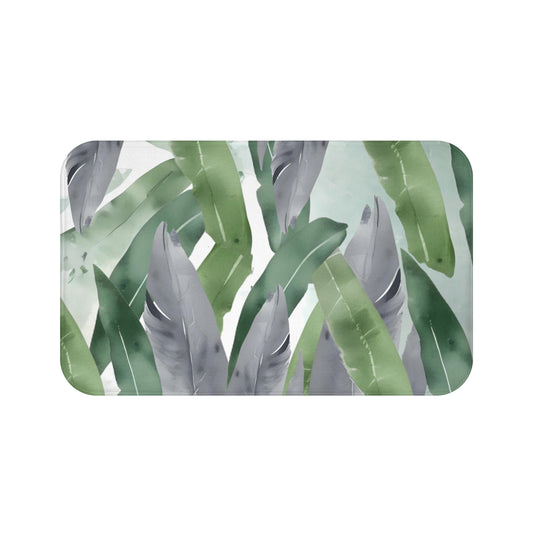 Grey And Green Feathers And Leaves Bath Mat