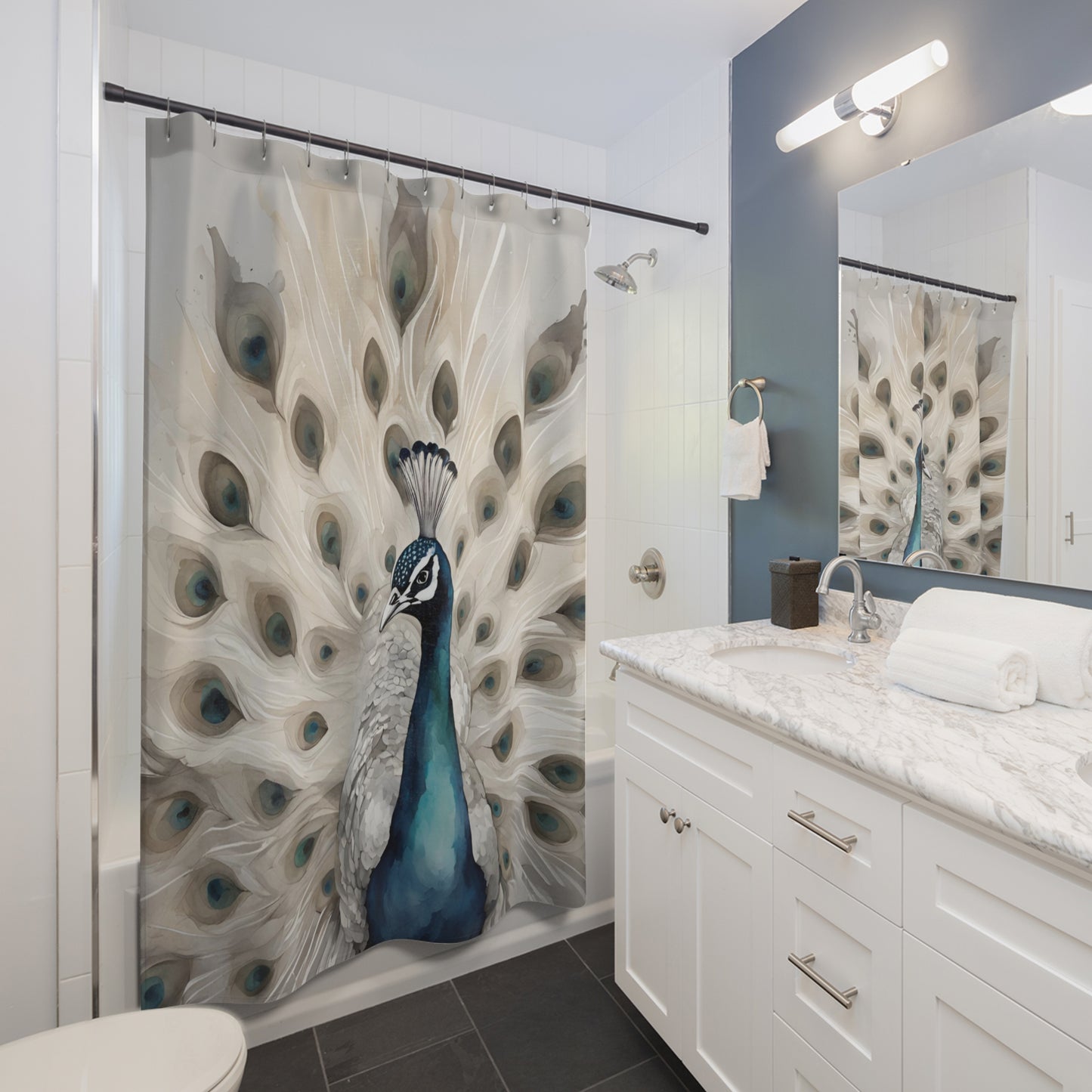 Peacock Grey Blue And Cream Shower Curtain