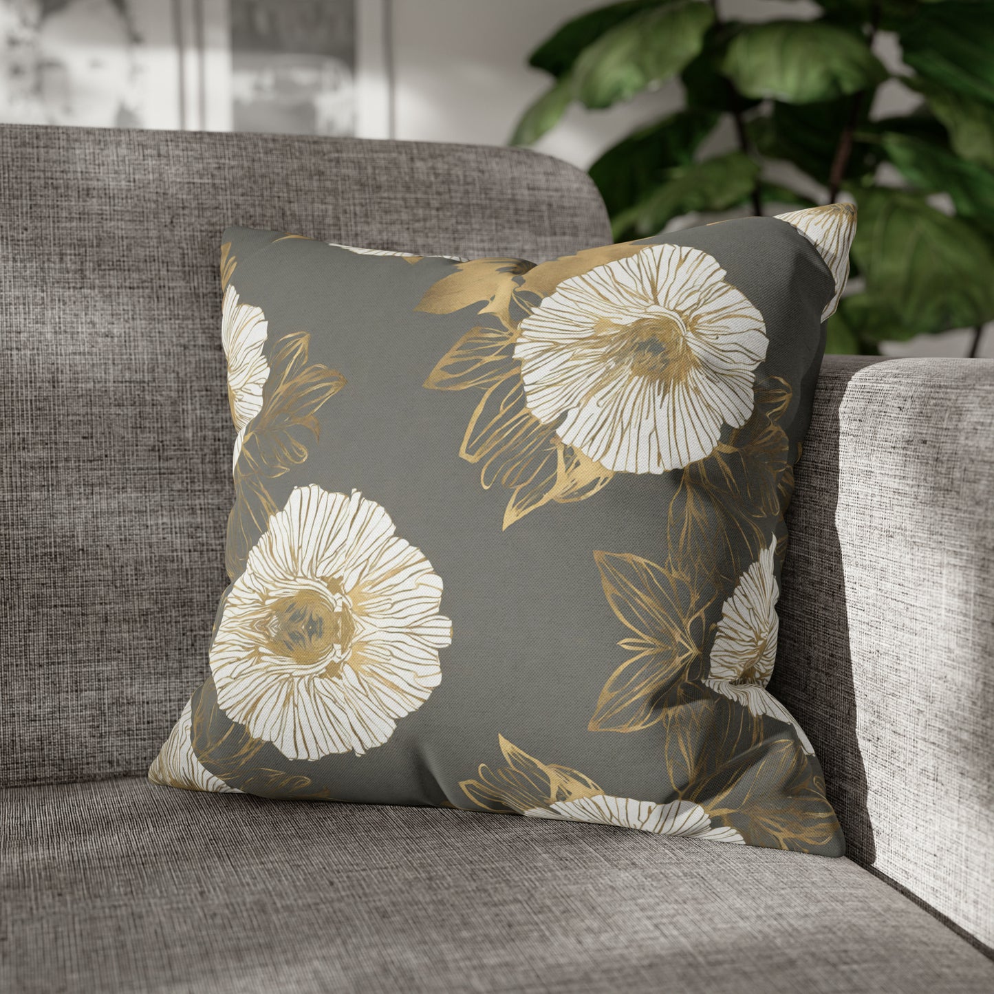Grey, Cream, And Gold Floral Throw Pillow Cover