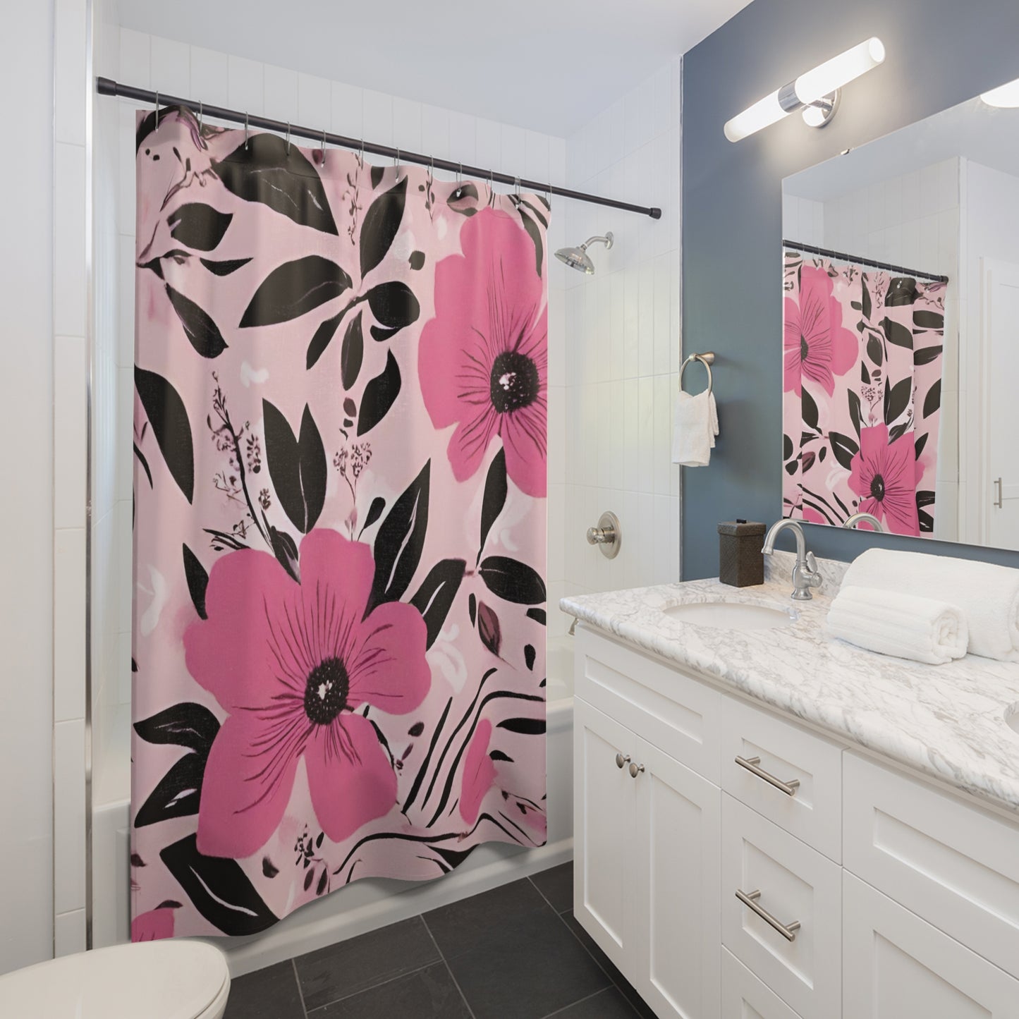 Pink & Black Modern Floral Shower Curtain